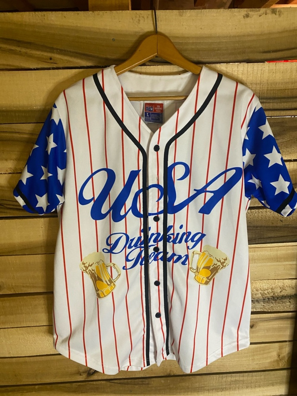 USA Drinking Team Baseball Jersey - Patriotic Stars & Stripes size large